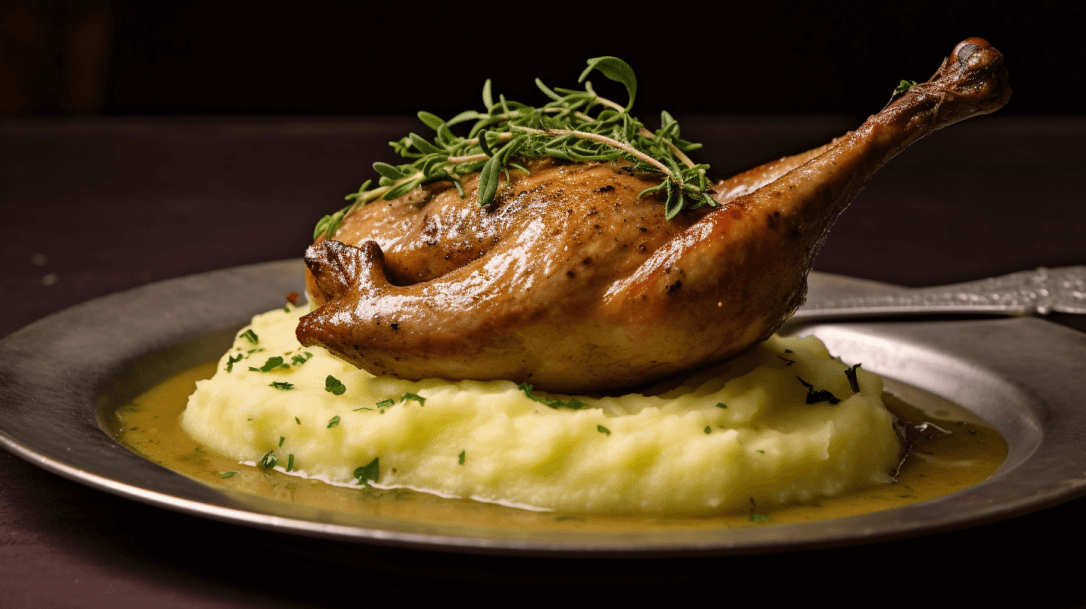 Gänsekeule auf Zitronen-Thymian-Kartoffelstampf mit Knoblauch