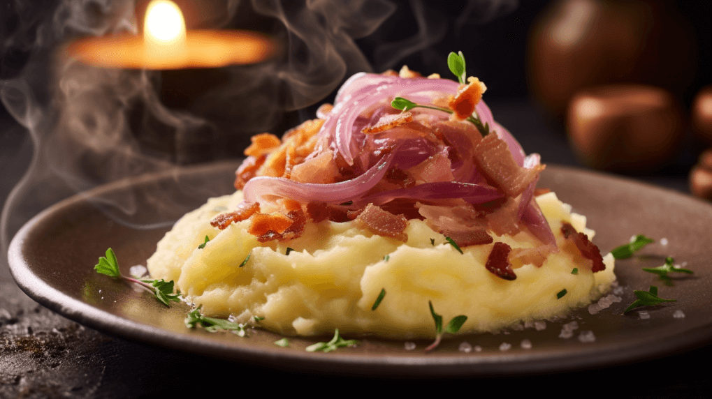 Kartoffelpüree mit Parmaschinken und roten Zwiebeln